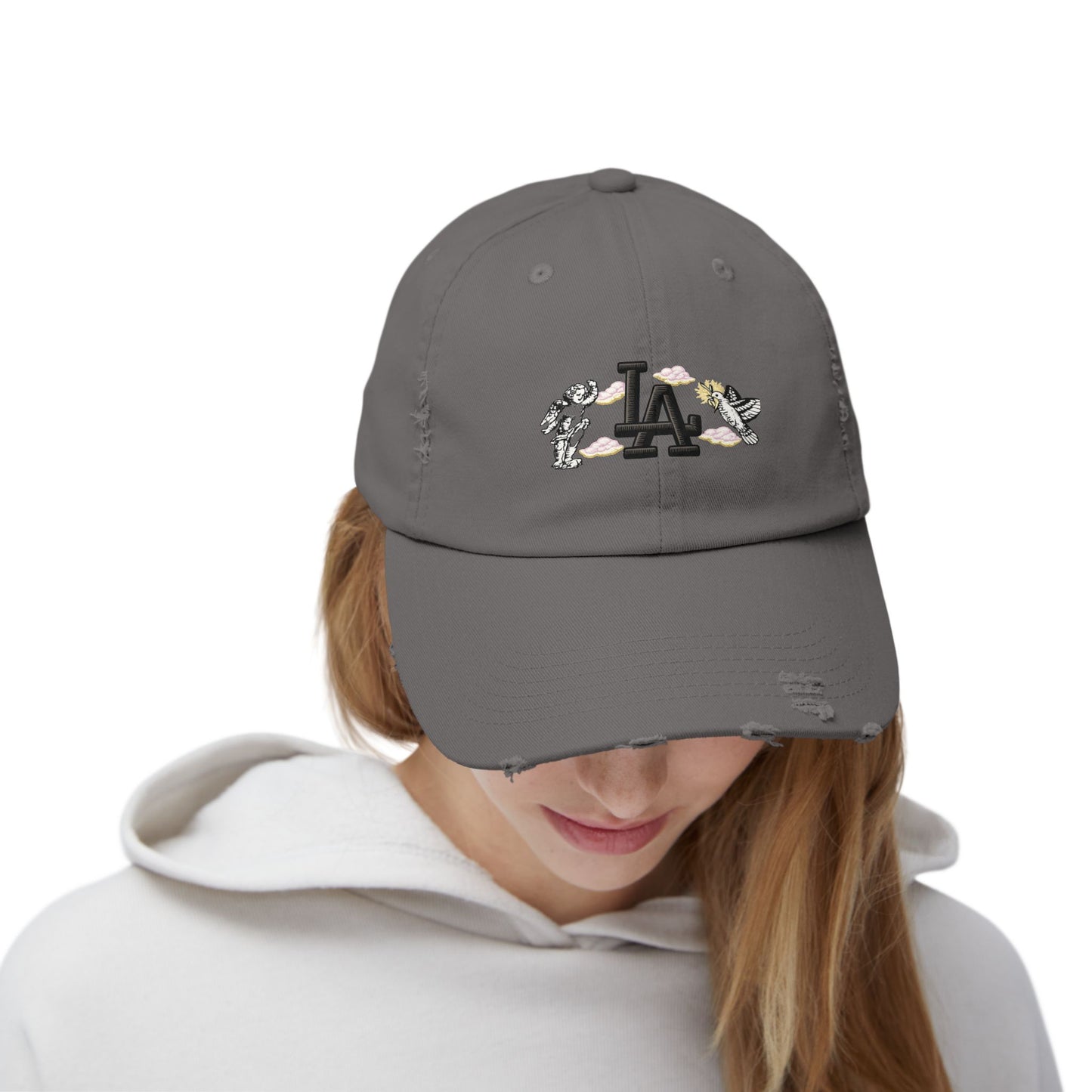 Distressed Baseball Cap — LA Logo with Angel Wings & Clouds