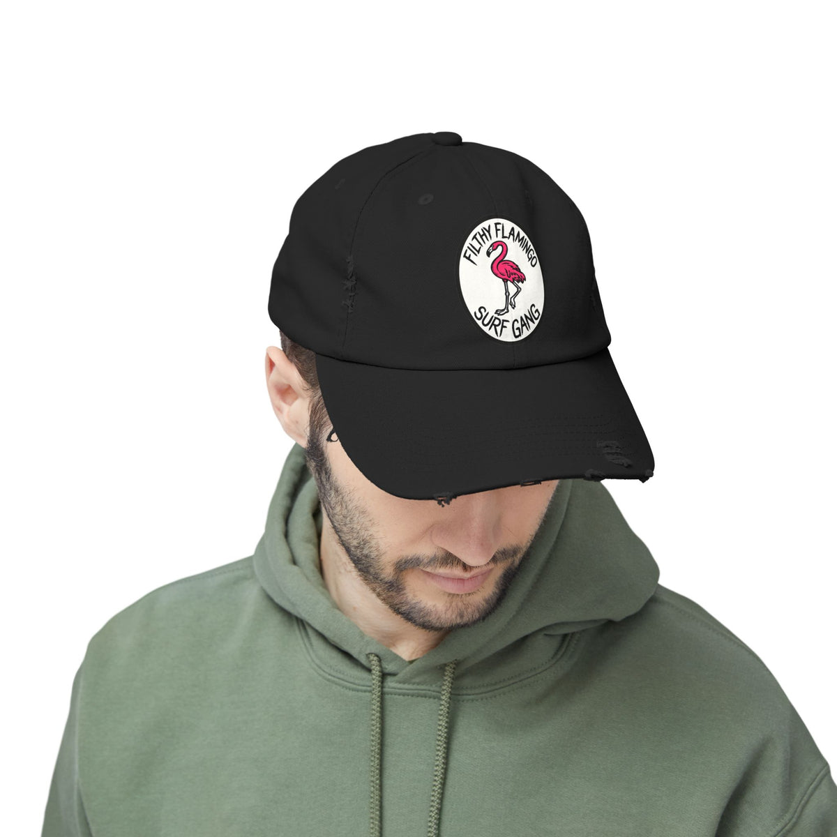Distressed Surf Cap — "Filthy Flamingo Surf Gang" Embroidered Patch Hat Hats Printify
