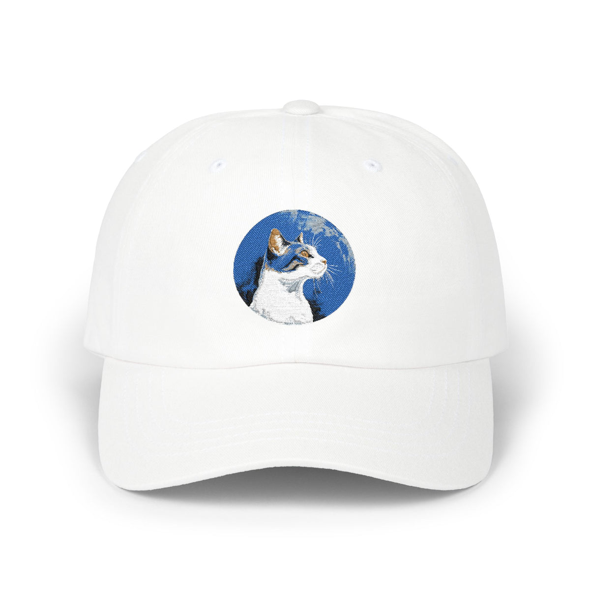 Dad Cap – White Embroidered Dog in Snow Patch Hat Hats Printify White One size
