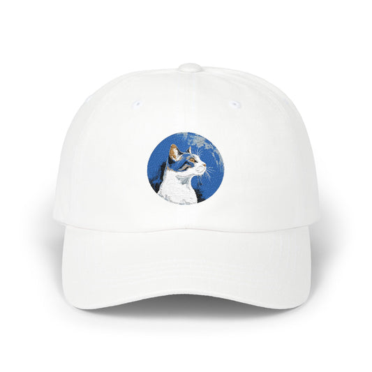 Dad Cap – White Embroidered Dog in Snow Patch Hat Hats Printify White One size