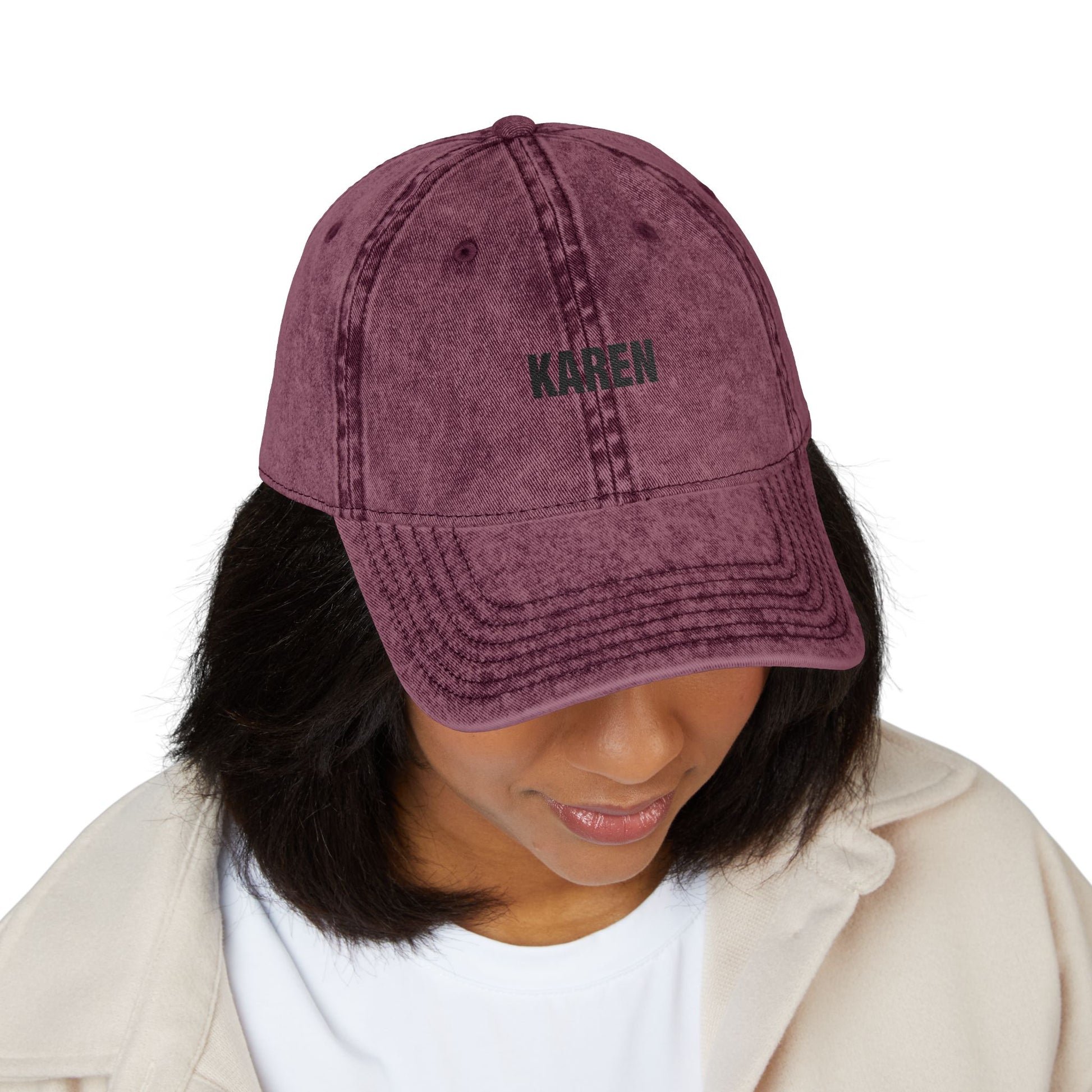 Embroidered 'KAREN' Vintage Baseball Cap - Distressed Red Dad Hat Hats Printify