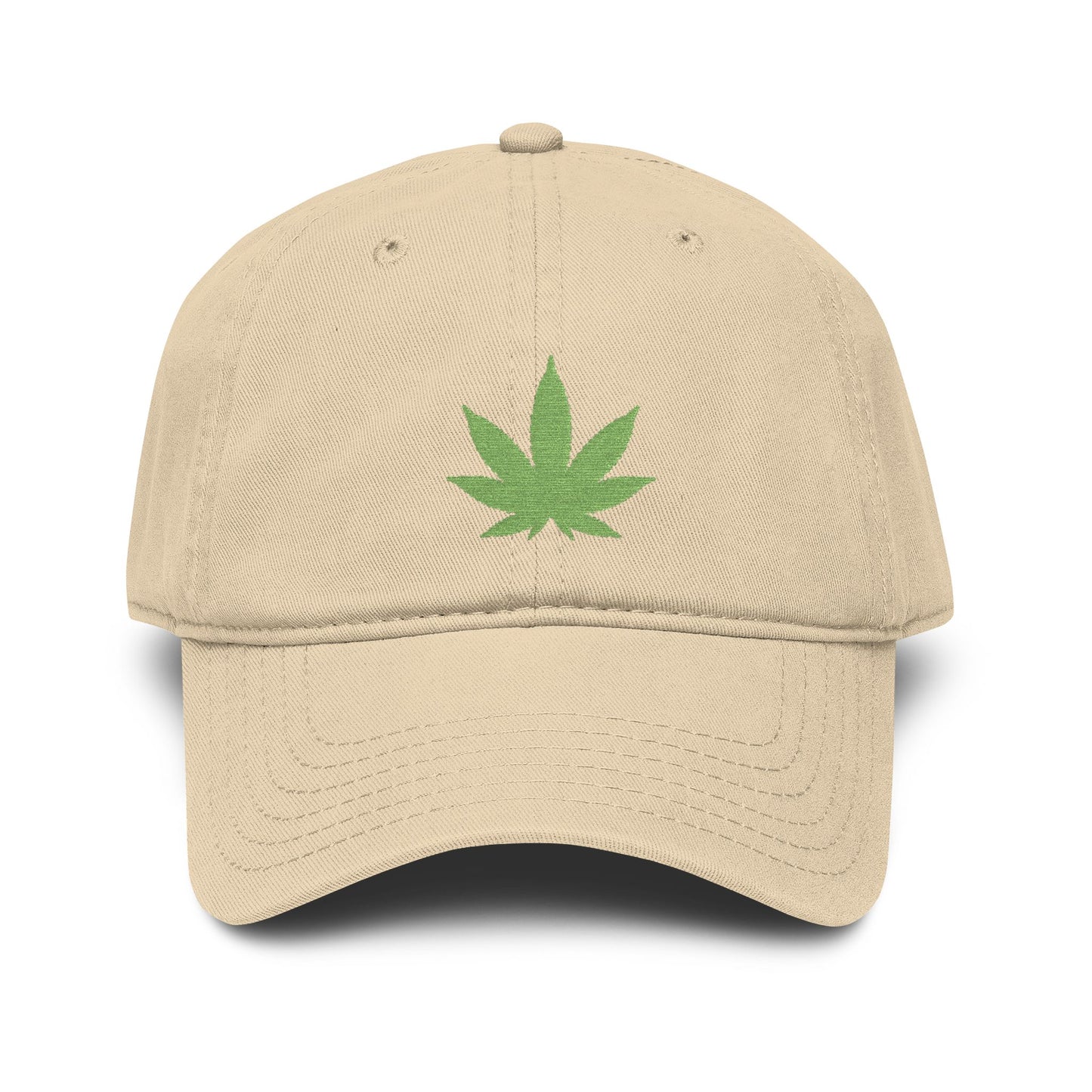 Washed Baseball Cap with Green Glitter Cannabis Leaf Embroidery Hats Printify One size Khaki