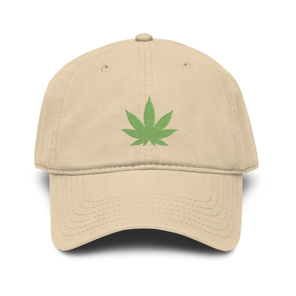 Washed Baseball Cap with Green Glitter Cannabis Leaf Embroidery Hats Printify One size Khaki