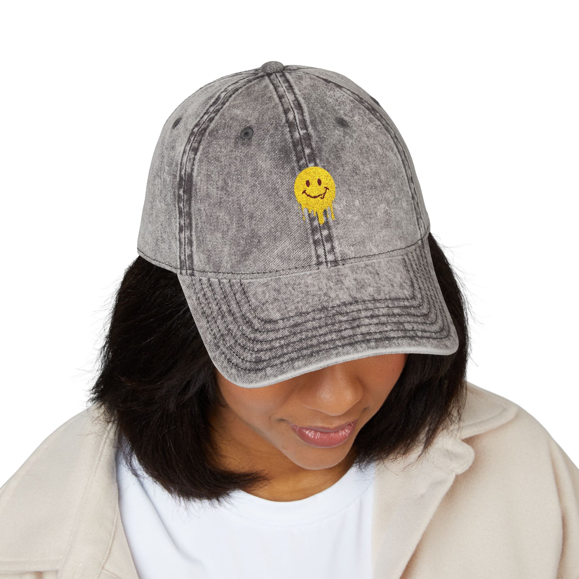 Embroidered Vintage Cap — Dripping Yellow Smiley Face Hat Hats Printify