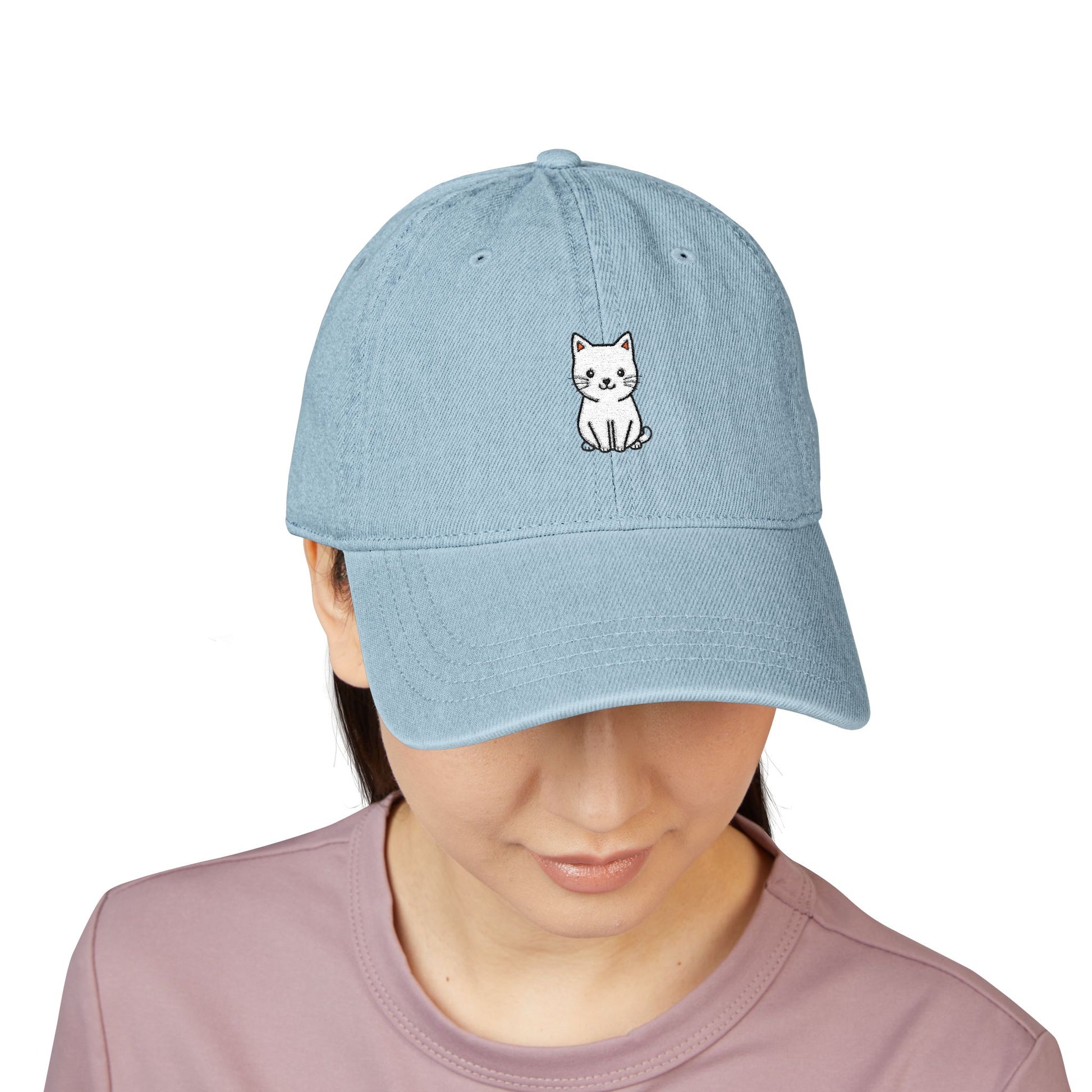 Embroidered White Kitten Denim Hat — Cute Cat Baseball Cap Hats Printify