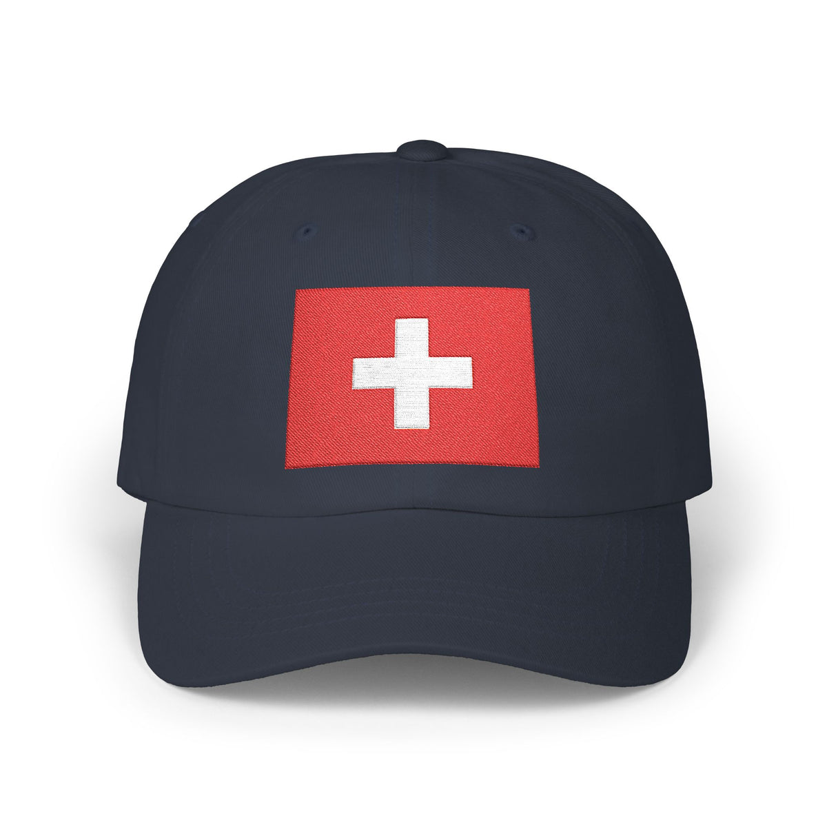 Dad Cap with Swiss Flag Embroidered Patch — Classic White Adjustable Hat Hats Printify Navy One size