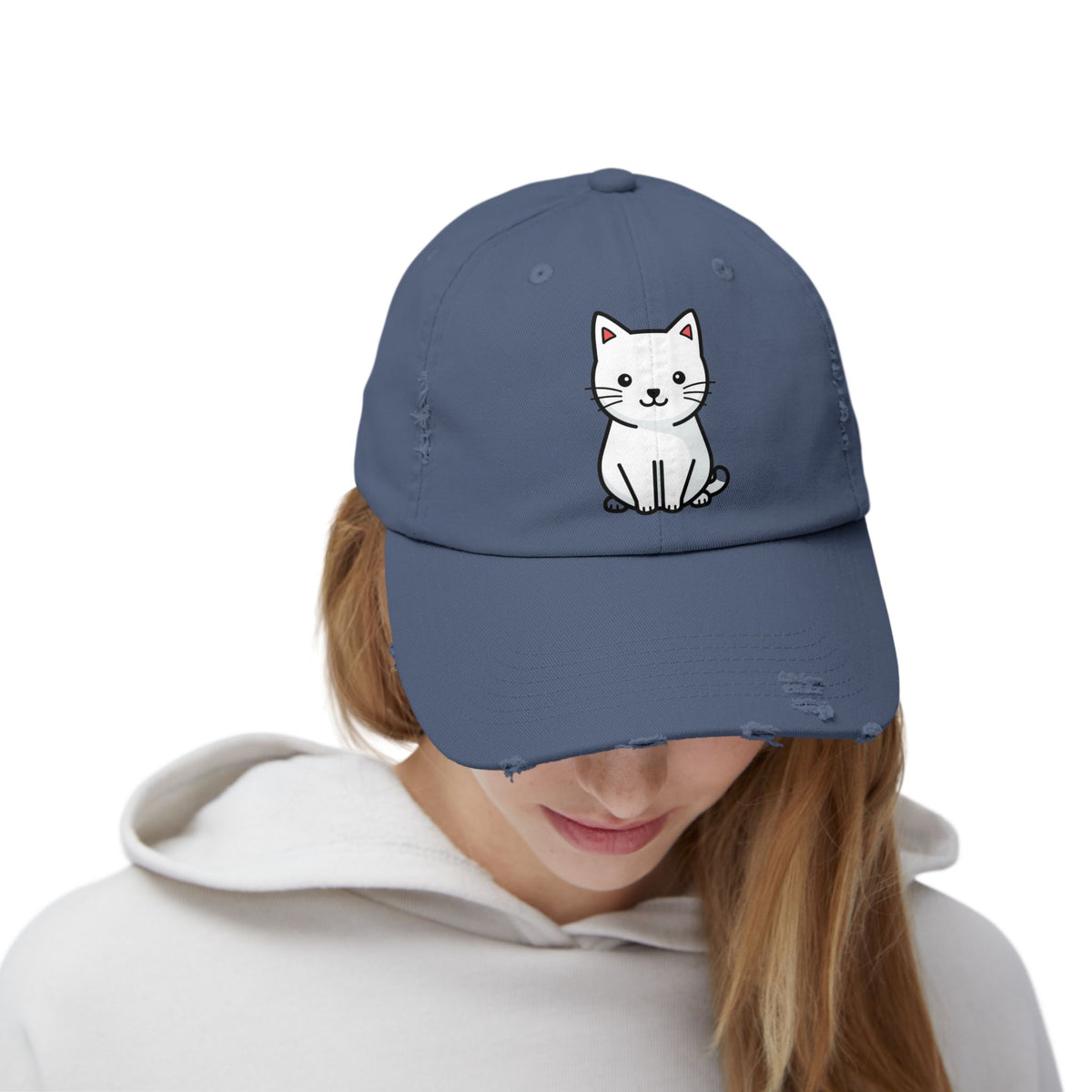 Distressed Black Cap with Cute White Cat Graphic Hats Printify