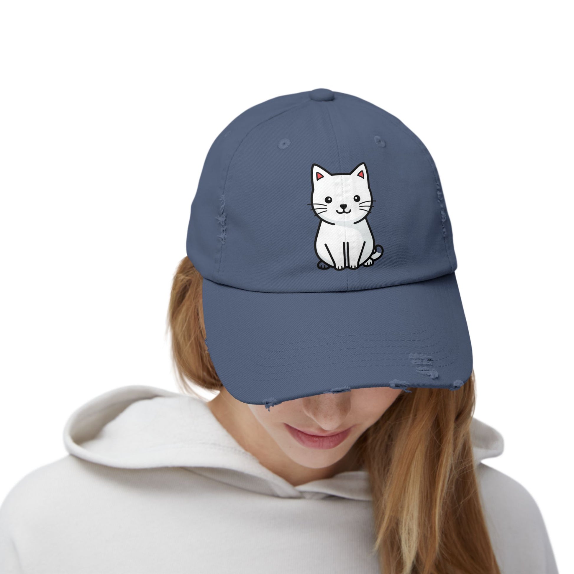 Distressed Black Cap with Cute White Cat Graphic Hats Printify