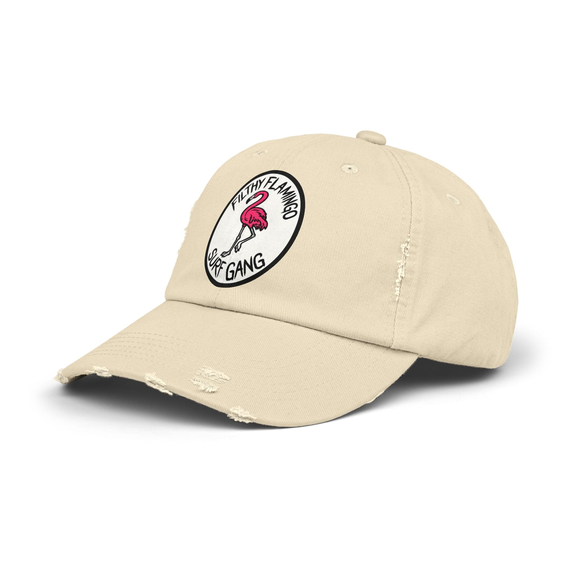Distressed Surf Cap — "Filthy Flamingo Surf Gang" Embroidered Patch Hat Hats Printify