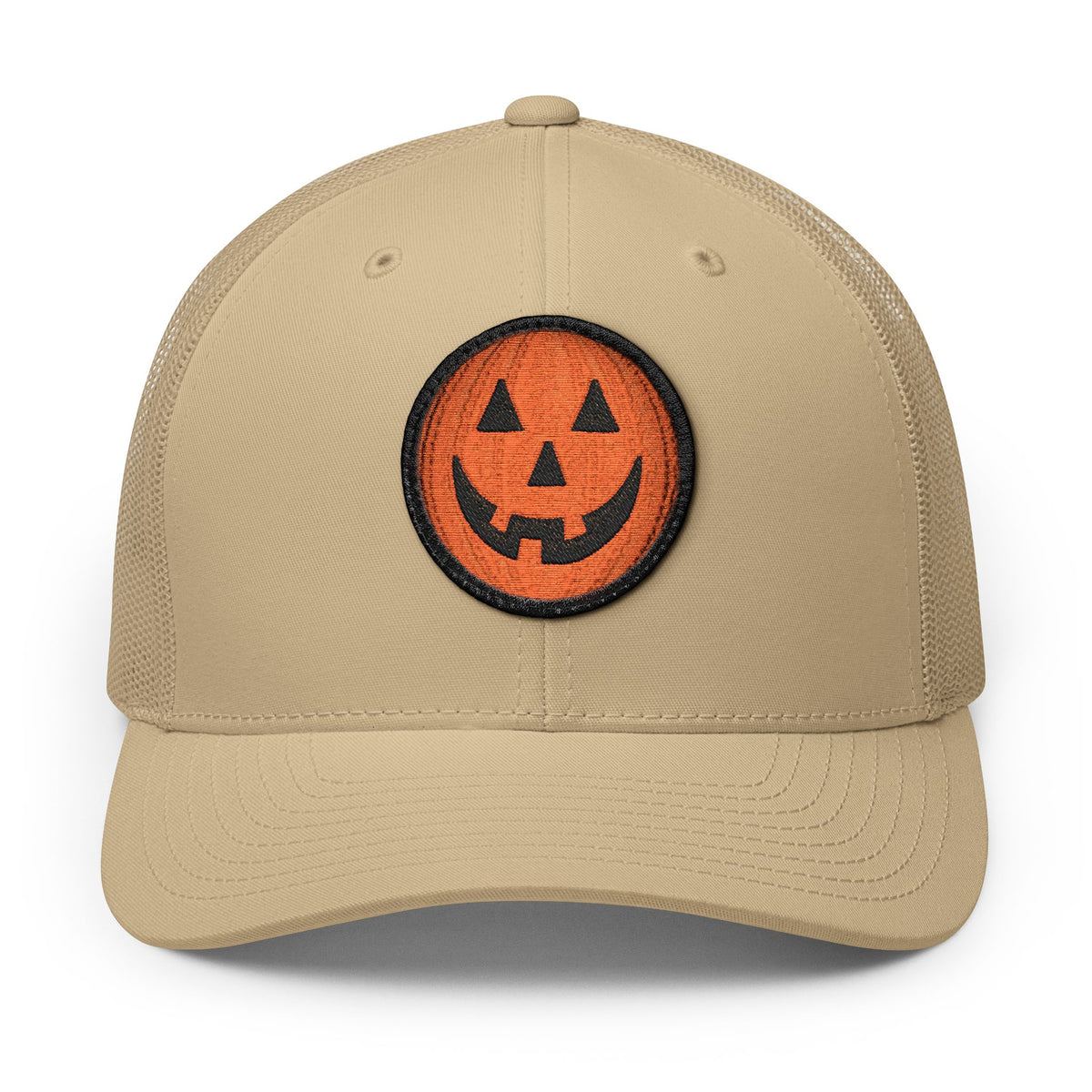 Halloween Pumpkin Jack-O’-Lantern Trucker Cap Hats Printify Circle One size Khaki / White patch