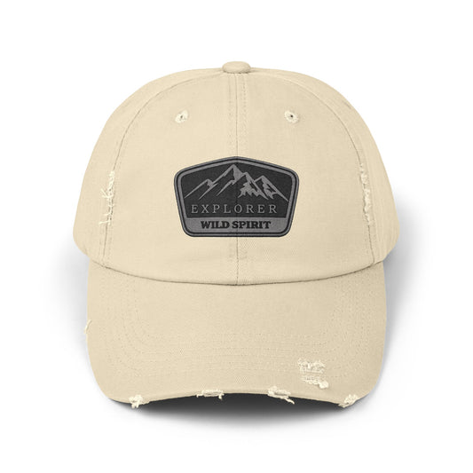 Explorer Wild Spirit Distressed Cap — Mountain Outdoors Dad Hat Hats Printify Stone One size