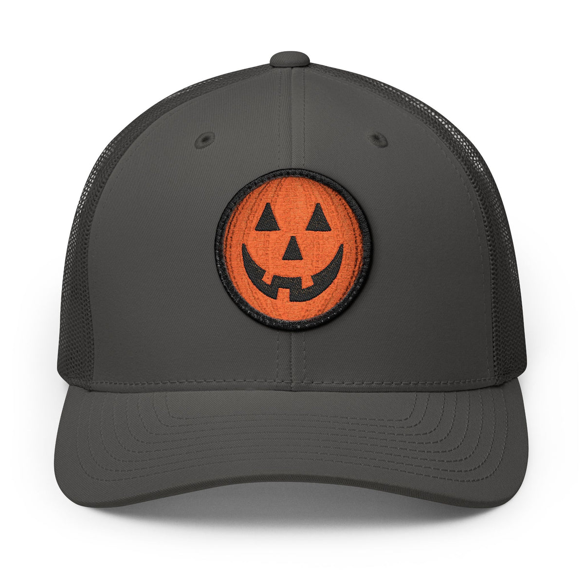 Halloween Pumpkin Jack-O’-Lantern Trucker Cap Hats Printify Circle One size Charcoal / White patch