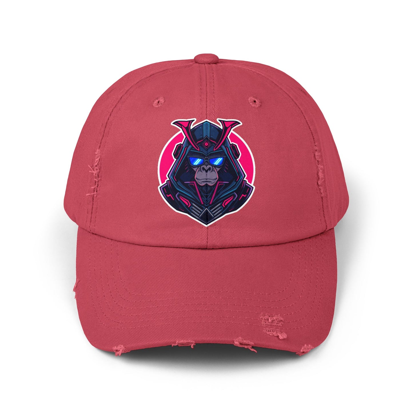 Samurai Skull Distressed Cap — Neon Retro Gamer Hat Hats Printify Dashing Red One size
