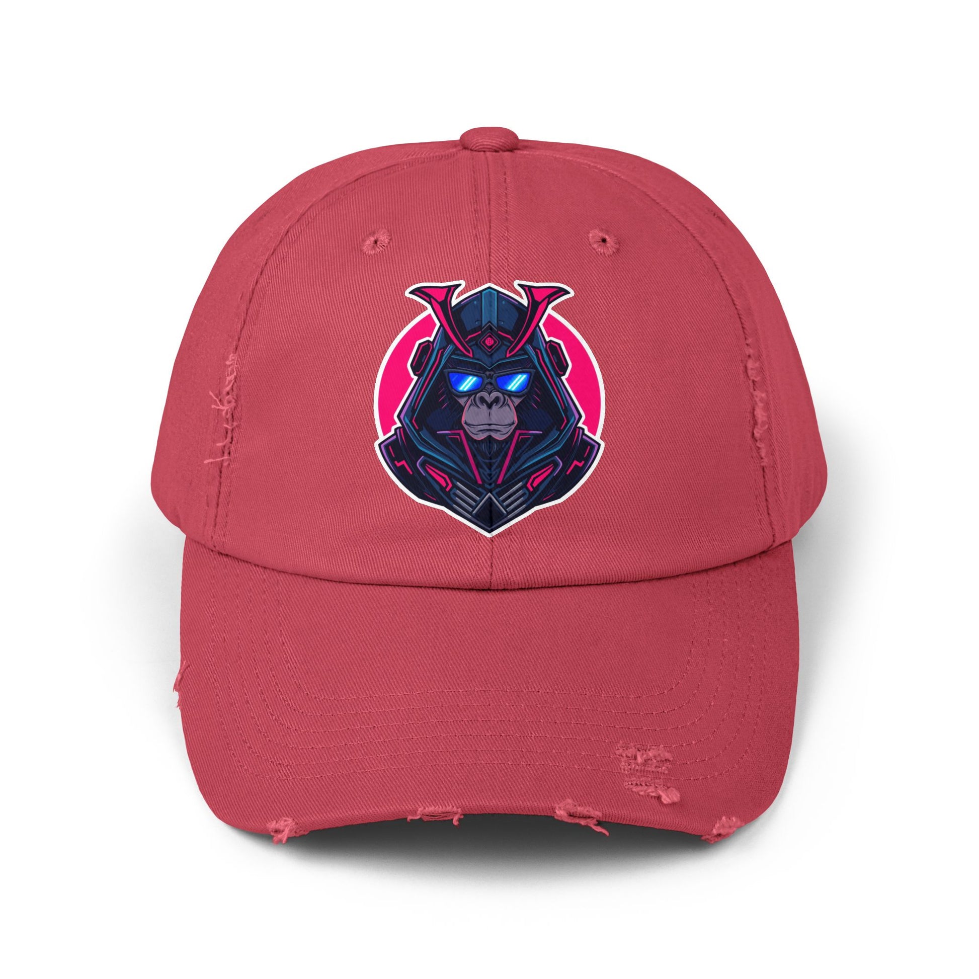 Samurai Skull Distressed Cap — Neon Retro Gamer Hat Hats Printify Dashing Red One size