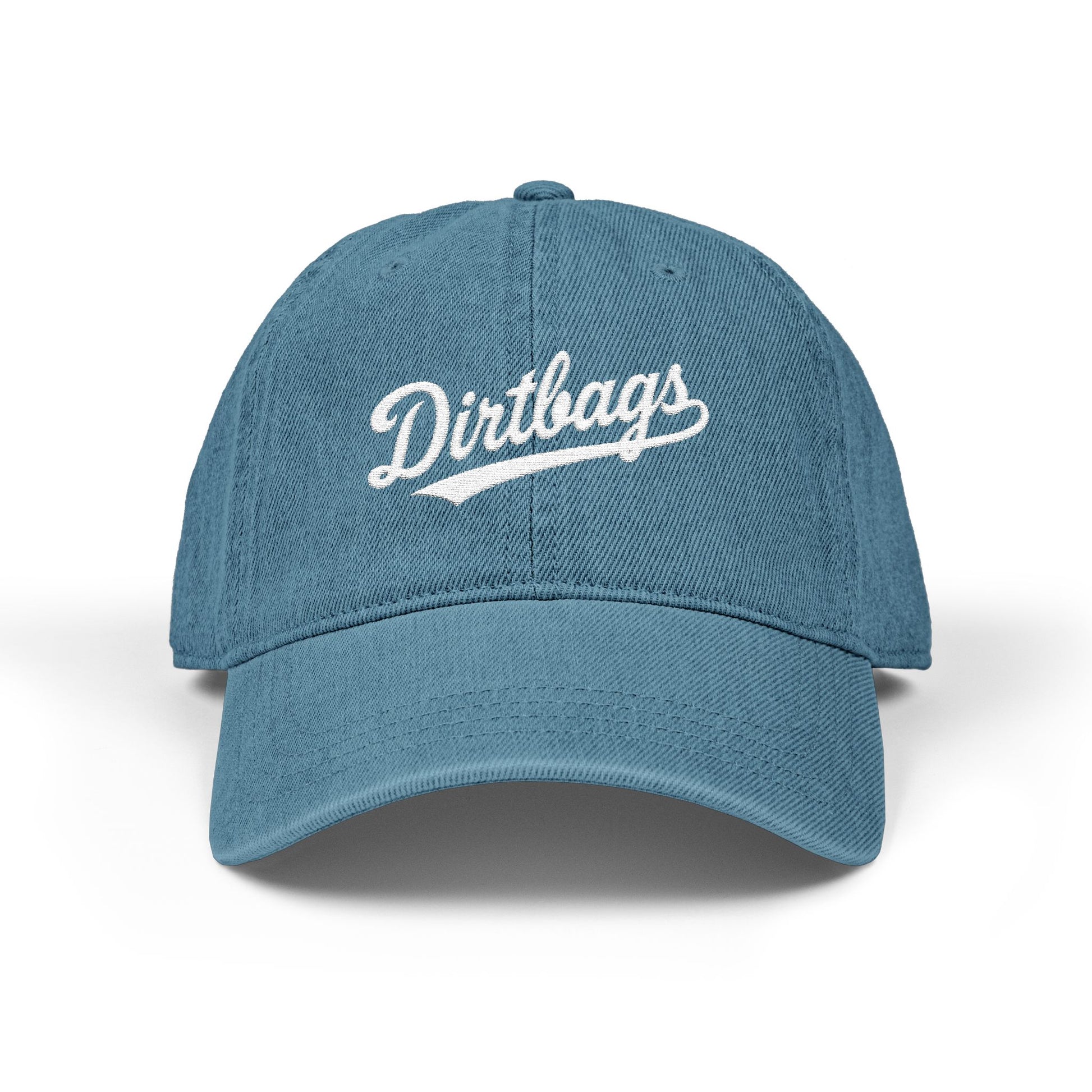 Dirtbags Embroidered Denim Hat – Vintage Script Baseball Cap Hats Printify One size Blue