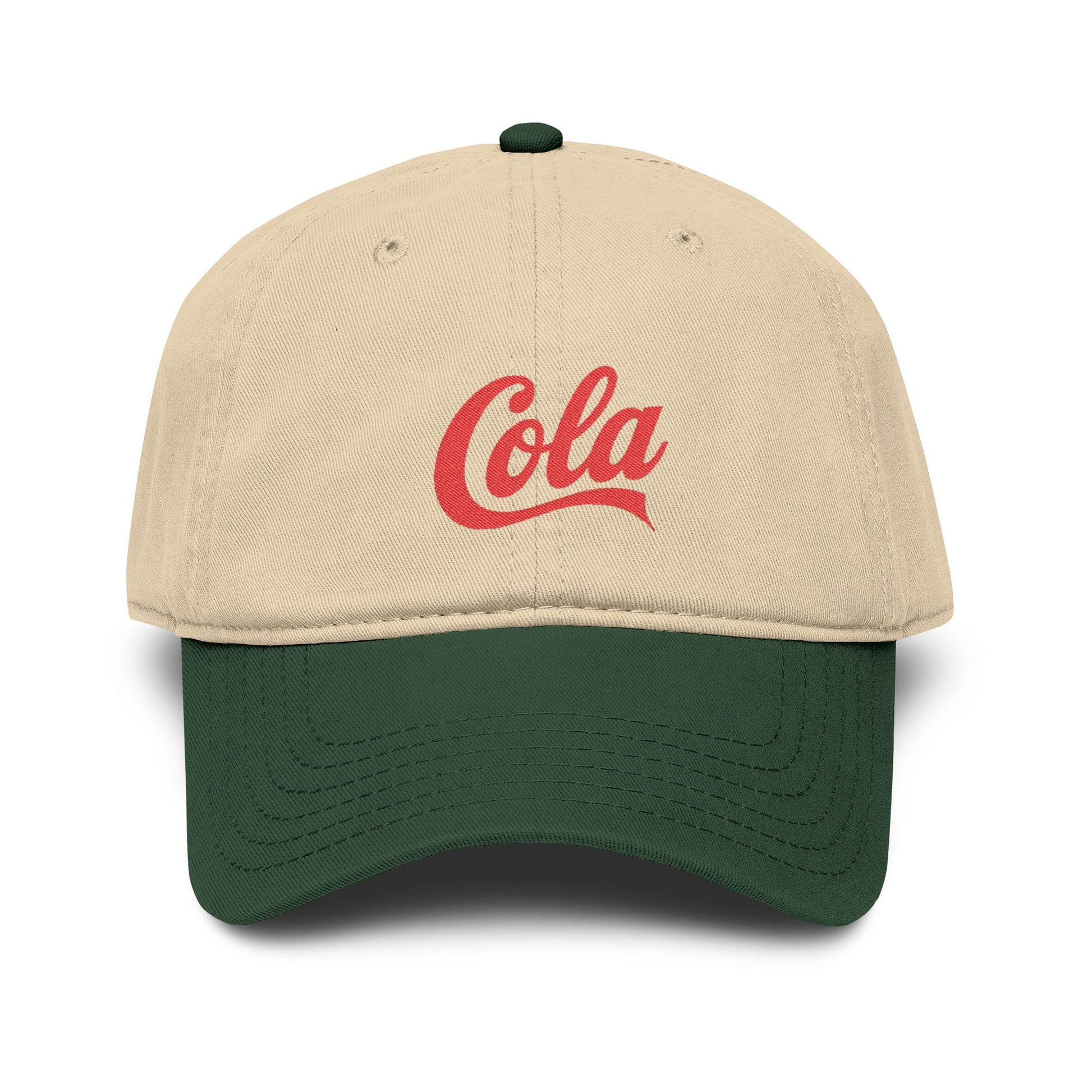 Washed Cotton Baseball Cap with Retro "Cola" Script Embroidery Hats Printify One size Dark Green / Khaki