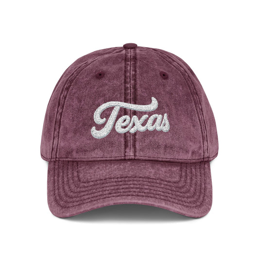Vintage Embroidered Texas Cap — Distressed Red Baseball Hat Hats Printify One size Maroon