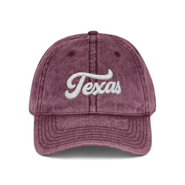 Vintage Embroidered Texas Cap — Distressed Red Baseball Hat Hats Printify One size Maroon