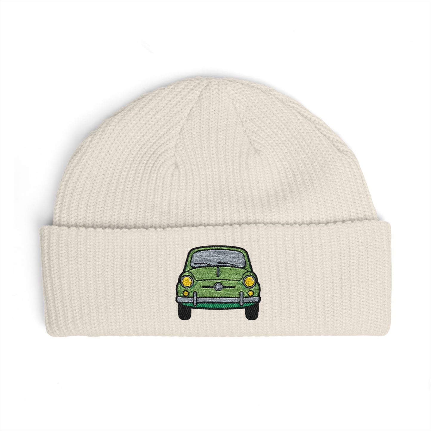 Cuff Beanie — Retro Green Car Embroidered Knit Hat Hats Printify One size Ecru