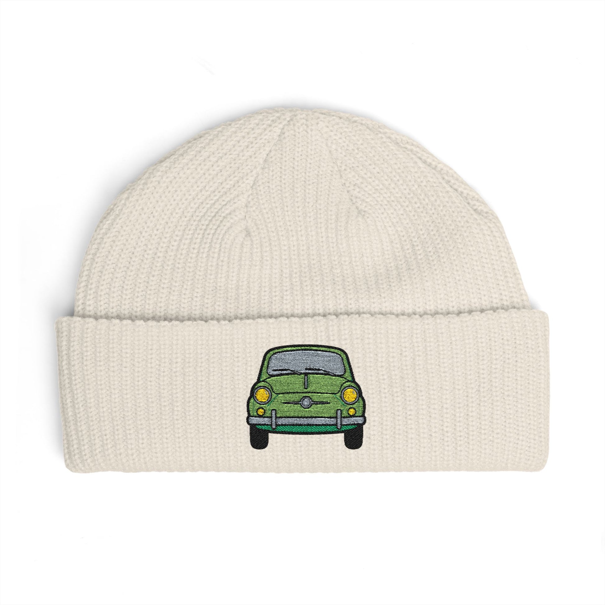 Cuff Beanie — Retro Green Car Embroidered Knit Hat Hats Printify One size Ecru