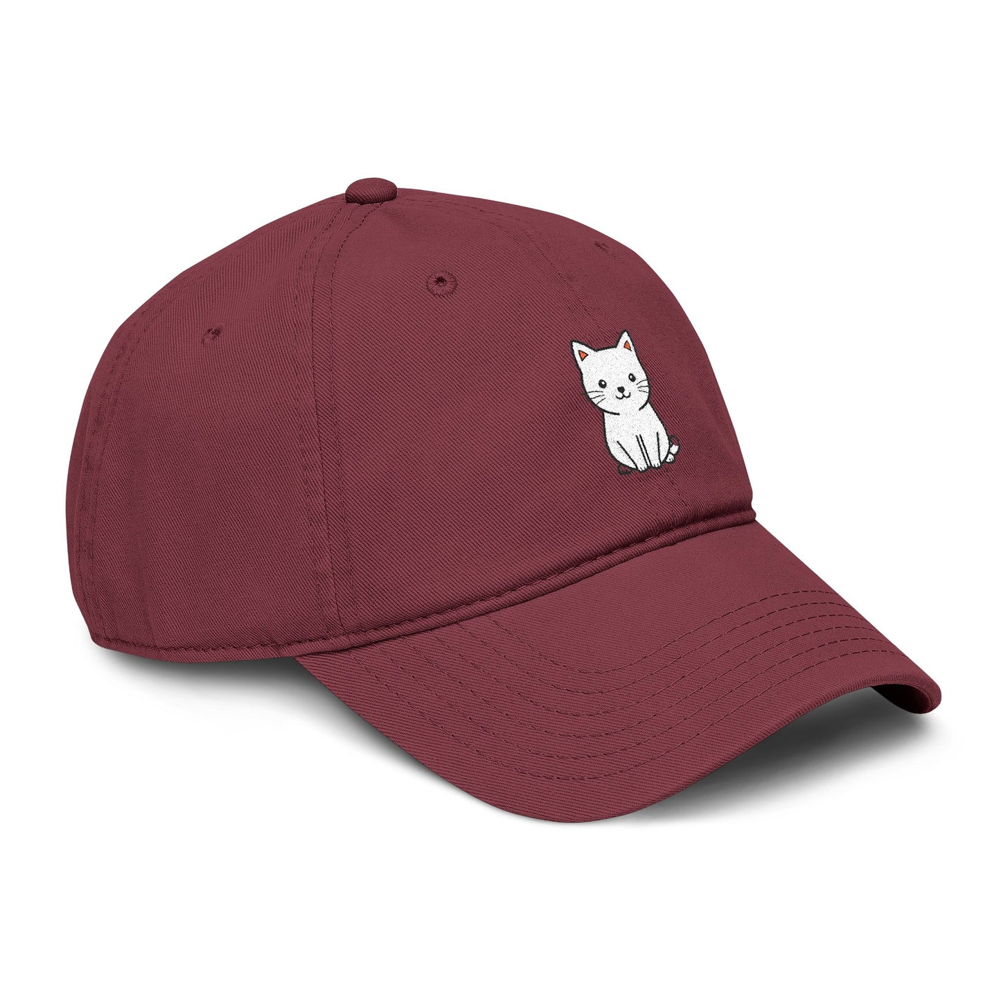 Washed Baseball Cap — Cute White Sitting Cat Embroidered Hat