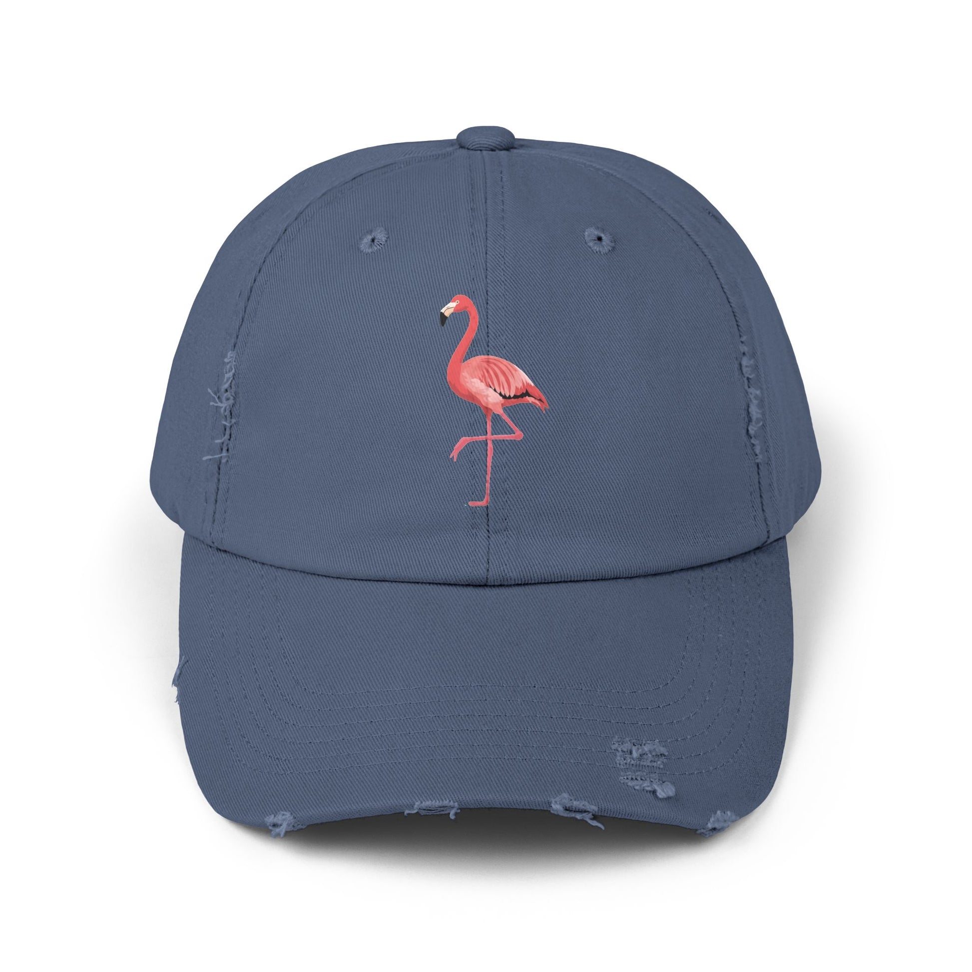 Distressed Flamingo Cap — Embroidered Pink Flamingo Baseball Hat Hats Printify Scotland Blue One size