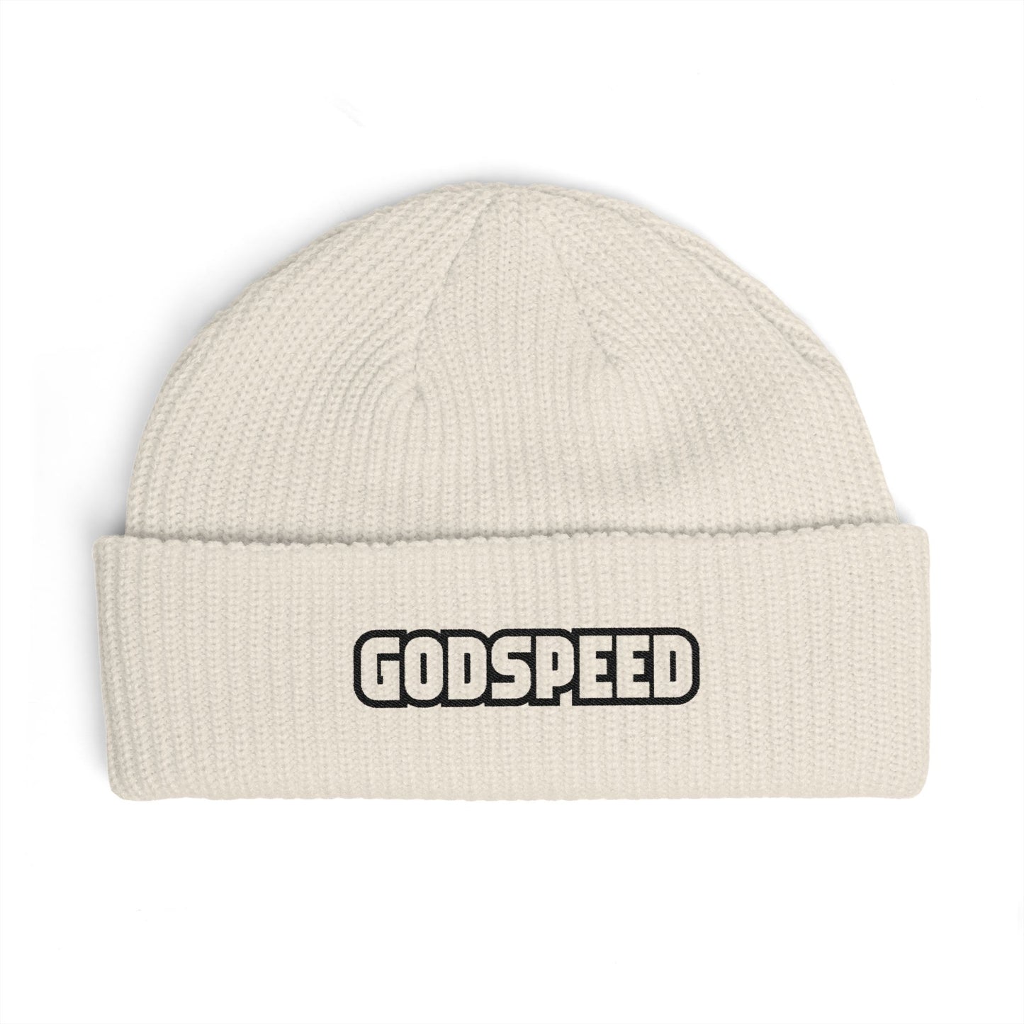 Godspeed Embroidered Cuff Beanie Hats Printify One size Ecru