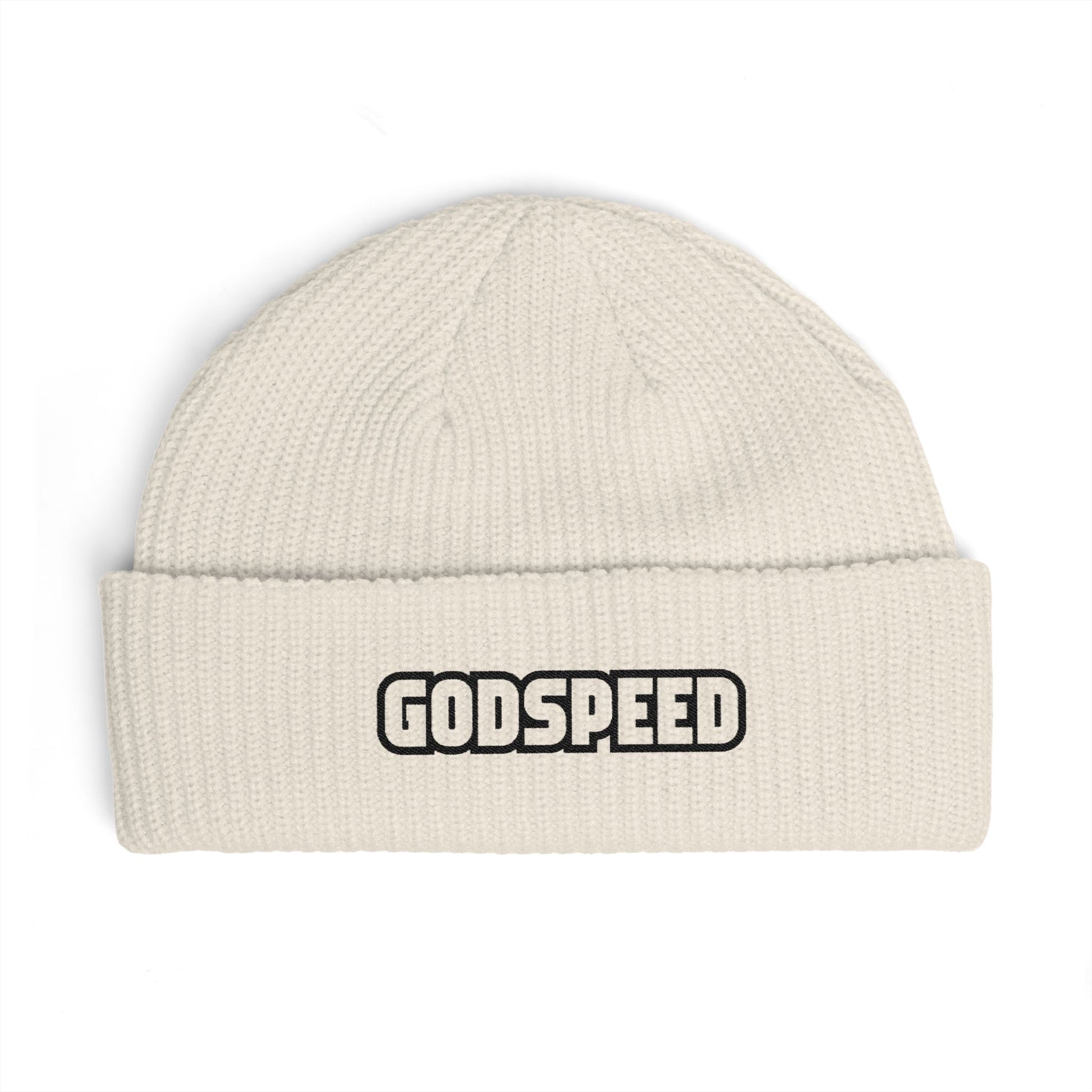 Godspeed Embroidered Cuff Beanie Hats Printify One size Ecru