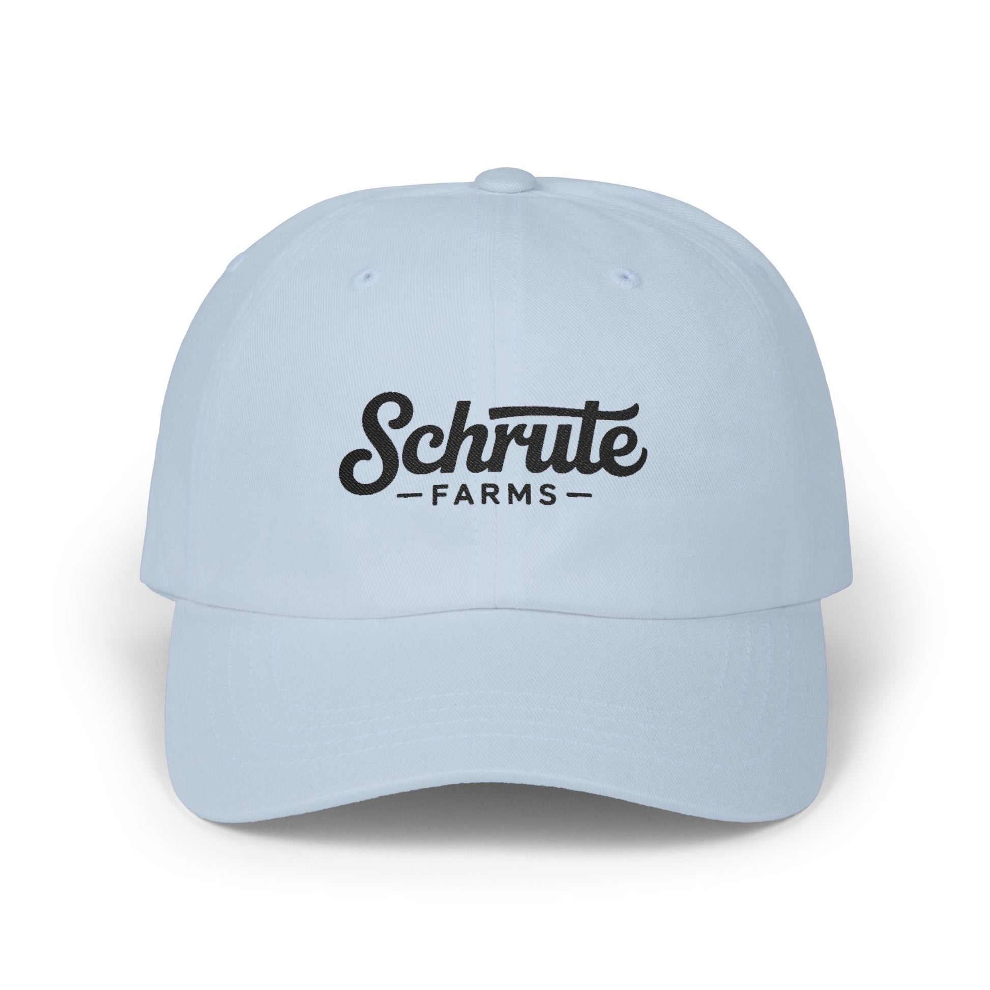 Schrute Farms Dad Cap — Vintage Script Embroidered Baseball Hat Hats Printify Light Blue One size