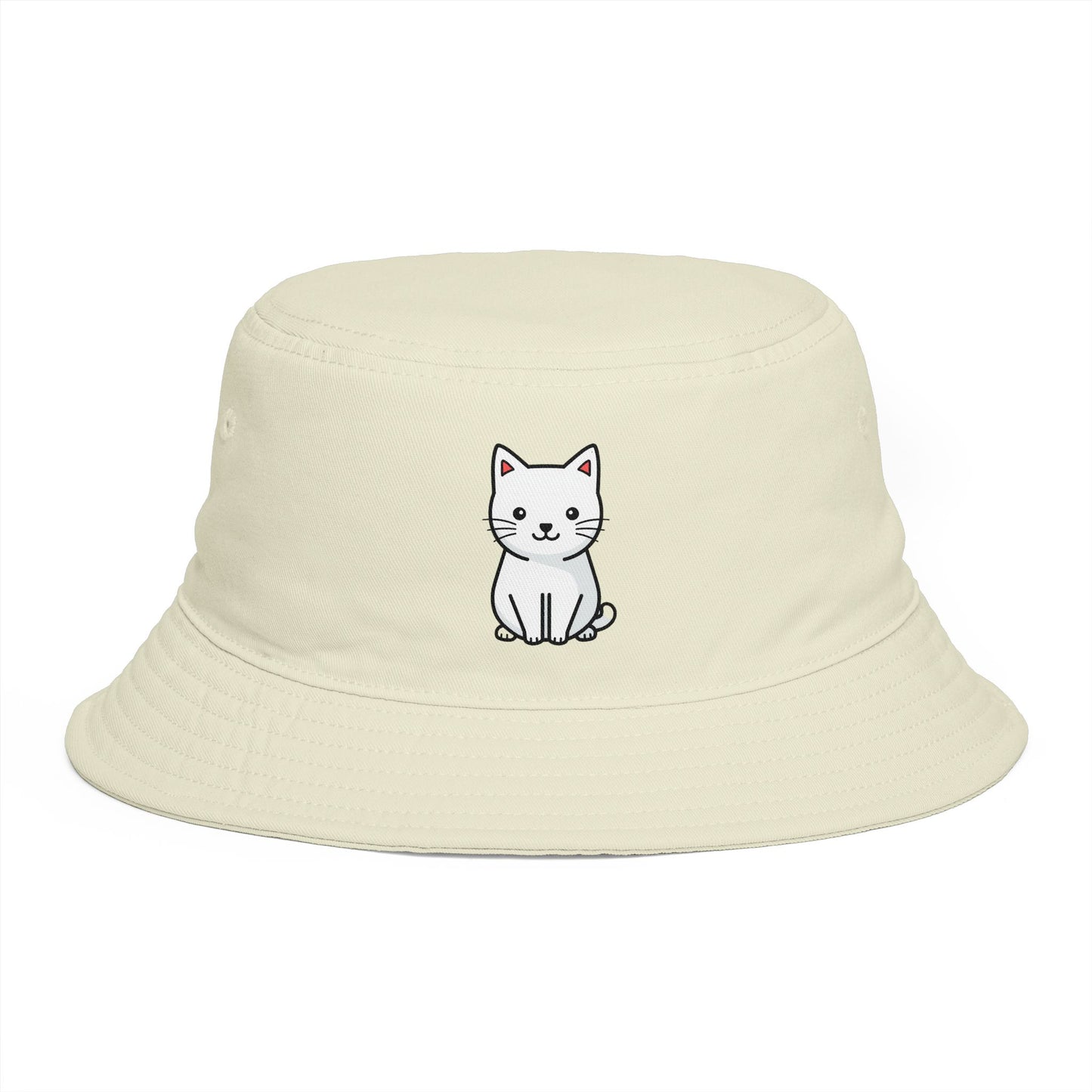 Brown Bucket Hat with Cute White Cat Embroidery — Casual Cat Lover Accessory Hats Printify
