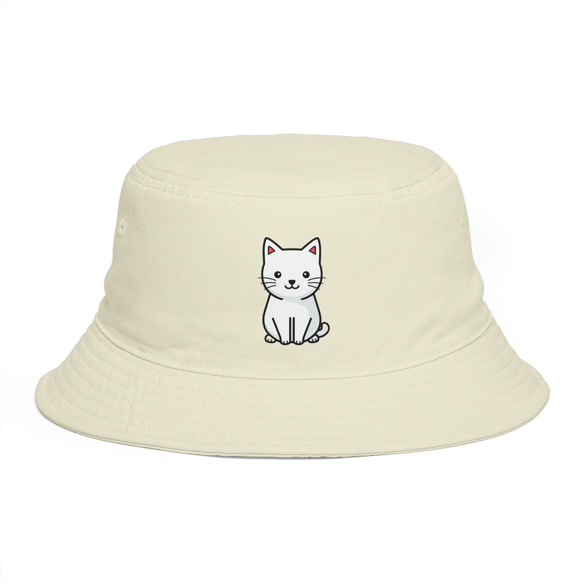 Brown Bucket Hat with Cute White Cat Embroidery — Casual Cat Lover Accessory Hats Printify