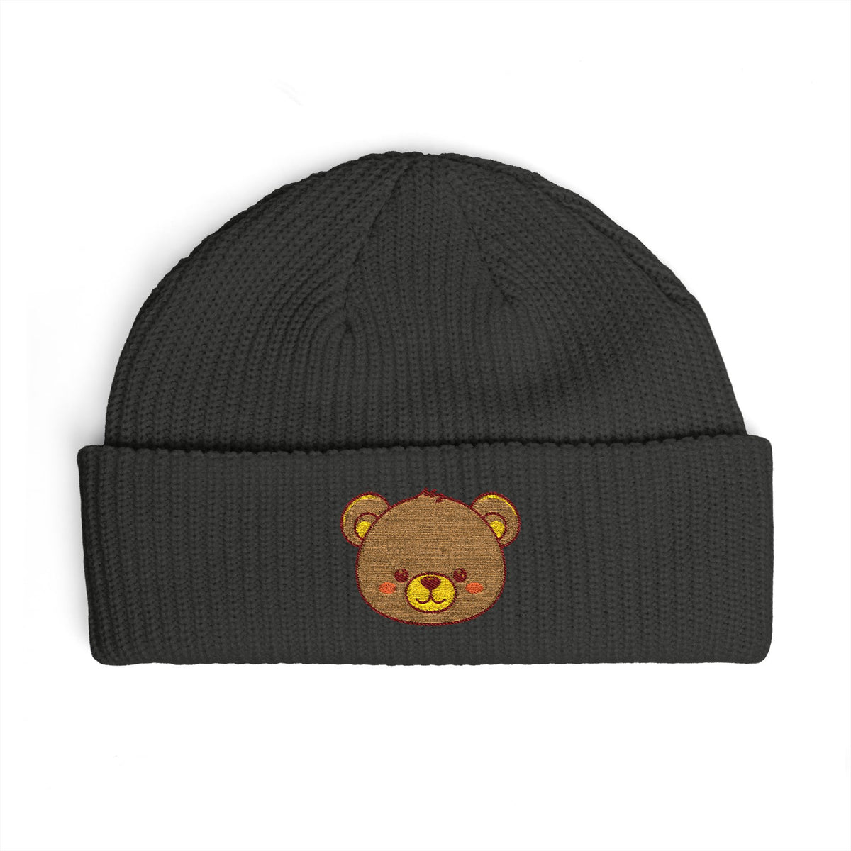 Embroidered Teddy Cuff Beanie — Cute Sequin Bear Knit Hat Hats Printify One size Coal
