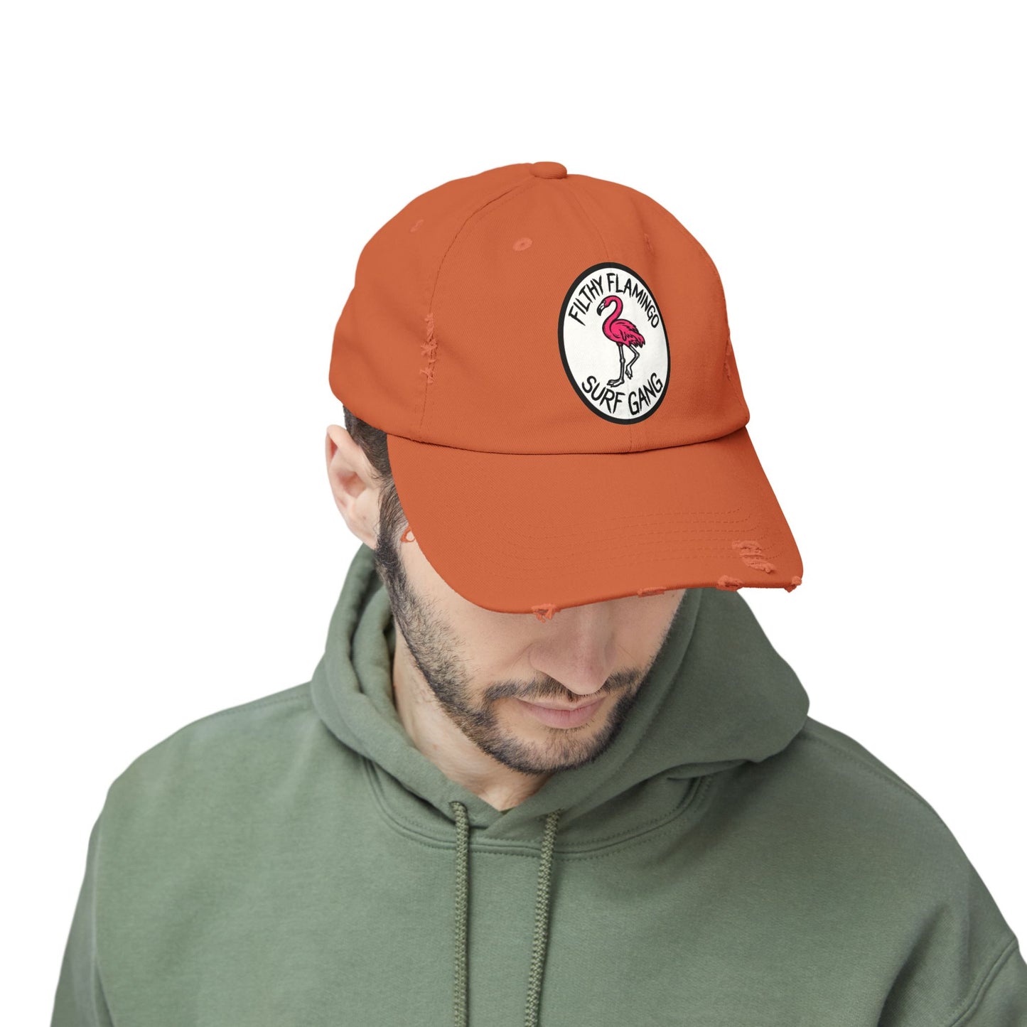 Distressed Surf Cap — "Filthy Flamingo Surf Gang" Embroidered Patch Hat