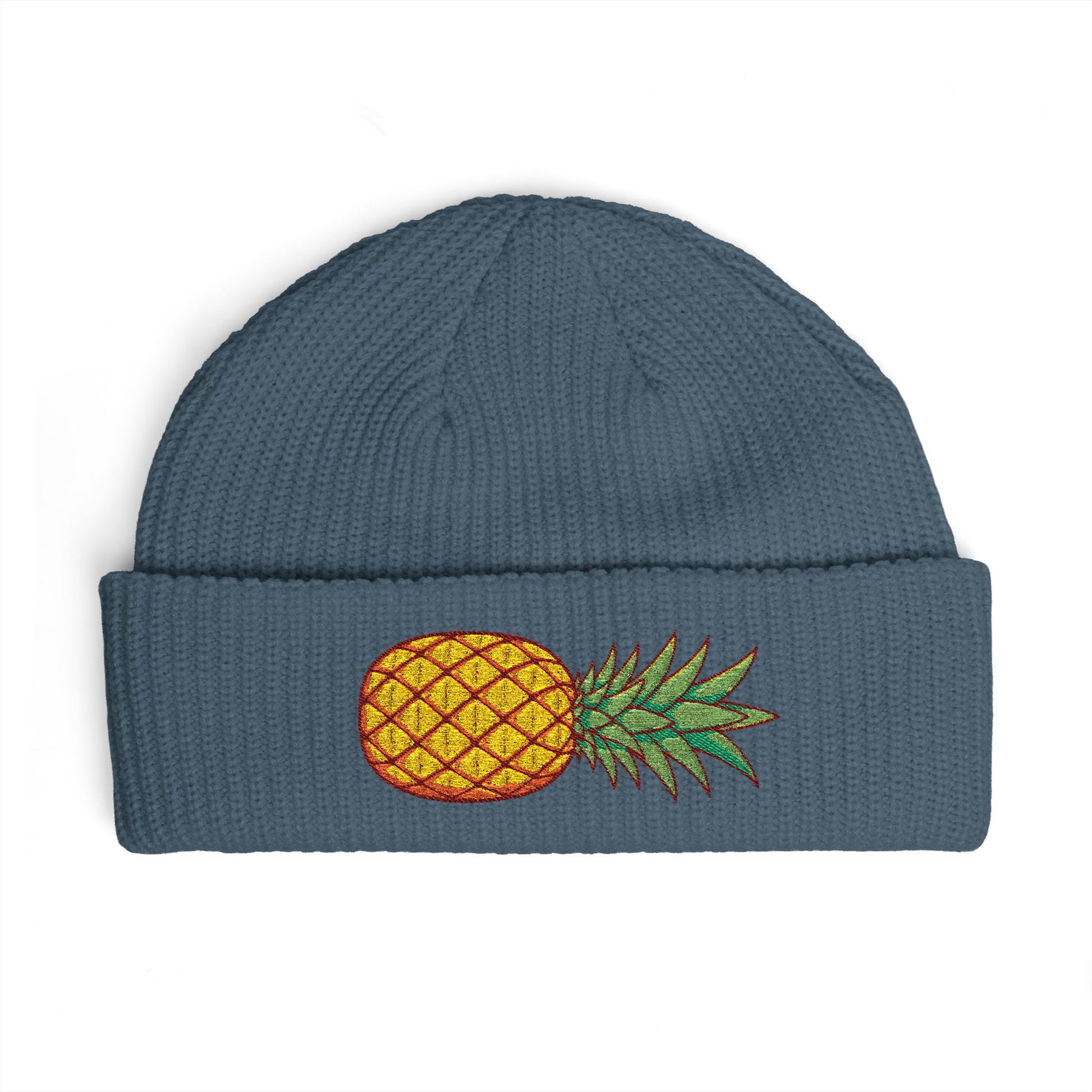 Pineapple Embroidered Cuff Beanie – Tropical Knit Winter Hat Hats Printify One size Petrol Blue