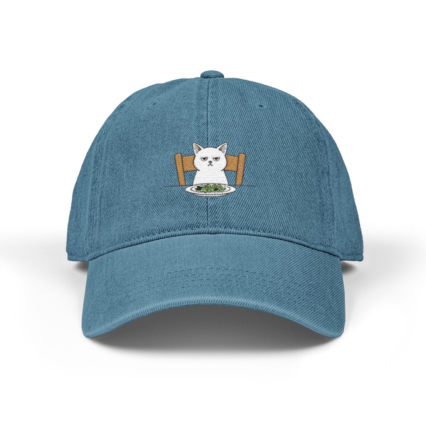 Embroidered Cat at Dinner Denim Hat Hats Printify One size Blue