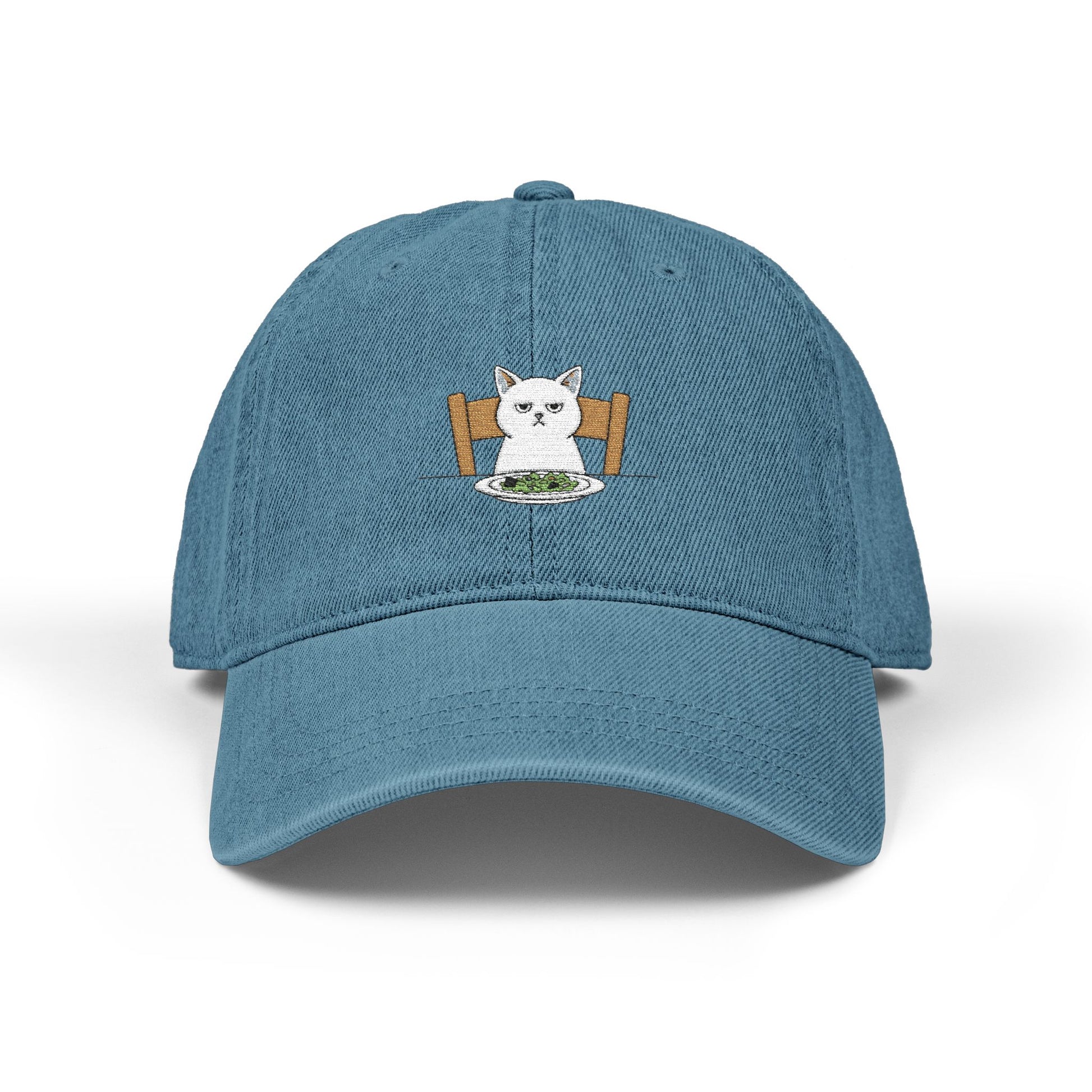 Embroidered Cat at Dinner Denim Hat Hats Printify One size Blue