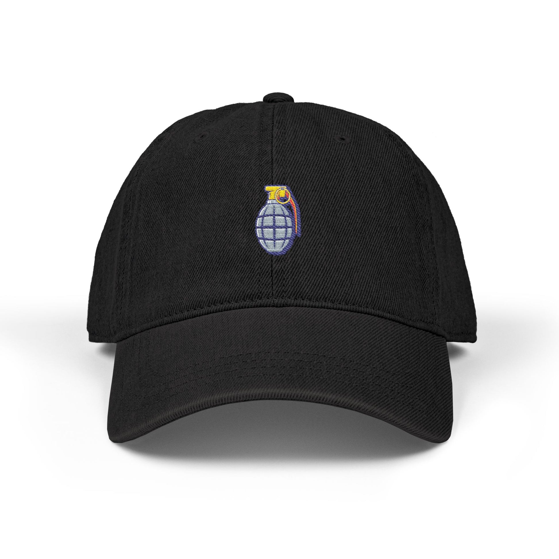Embroidered Grenade Cap – Military-Inspired Black Denim Hat Hats Printify One size Black