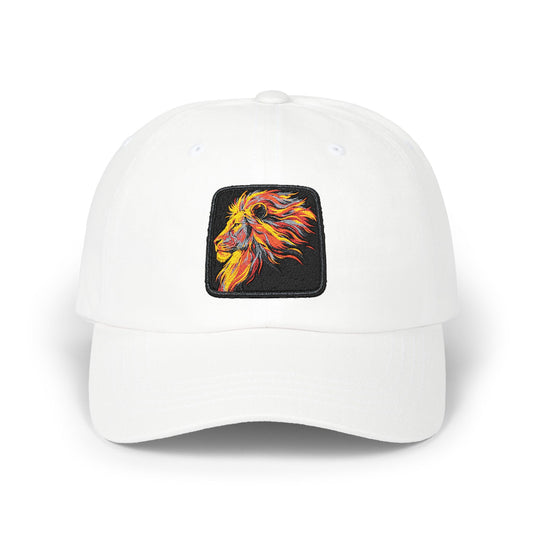 Dad Cap — Embroidered Fiery Lion Patch Baseball Hat Hats Printify One size White