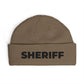 Cuff Beanie - 'SHRIFF' Embroidered Knit Hat (Festive Green-Gold Lettering) Hats Printify One size Walnut