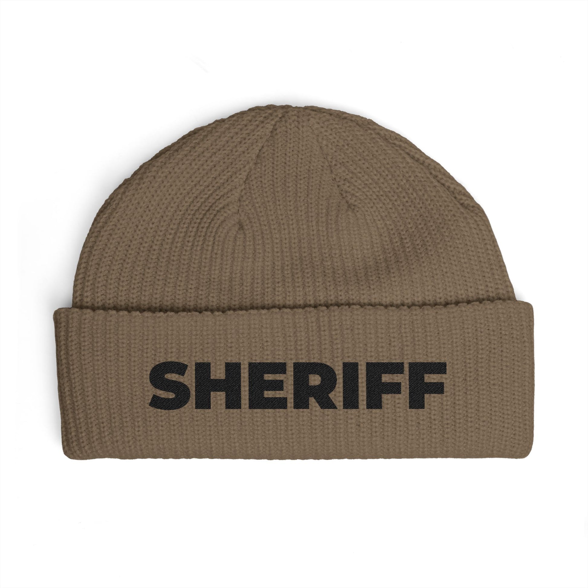 Cuff Beanie - 'SHRIFF' Embroidered Knit Hat (Festive Green-Gold Lettering) Hats Printify One size Walnut