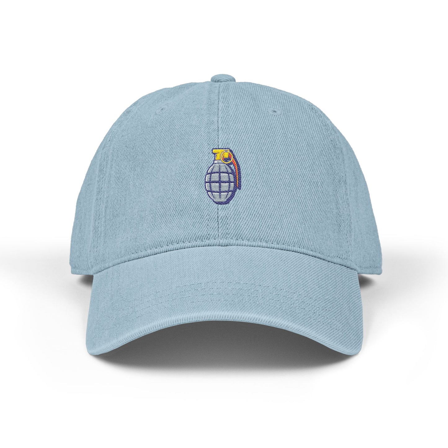 Embroidered Grenade Cap – Military-Inspired Black Denim Hat Hats Printify One size Light Blue