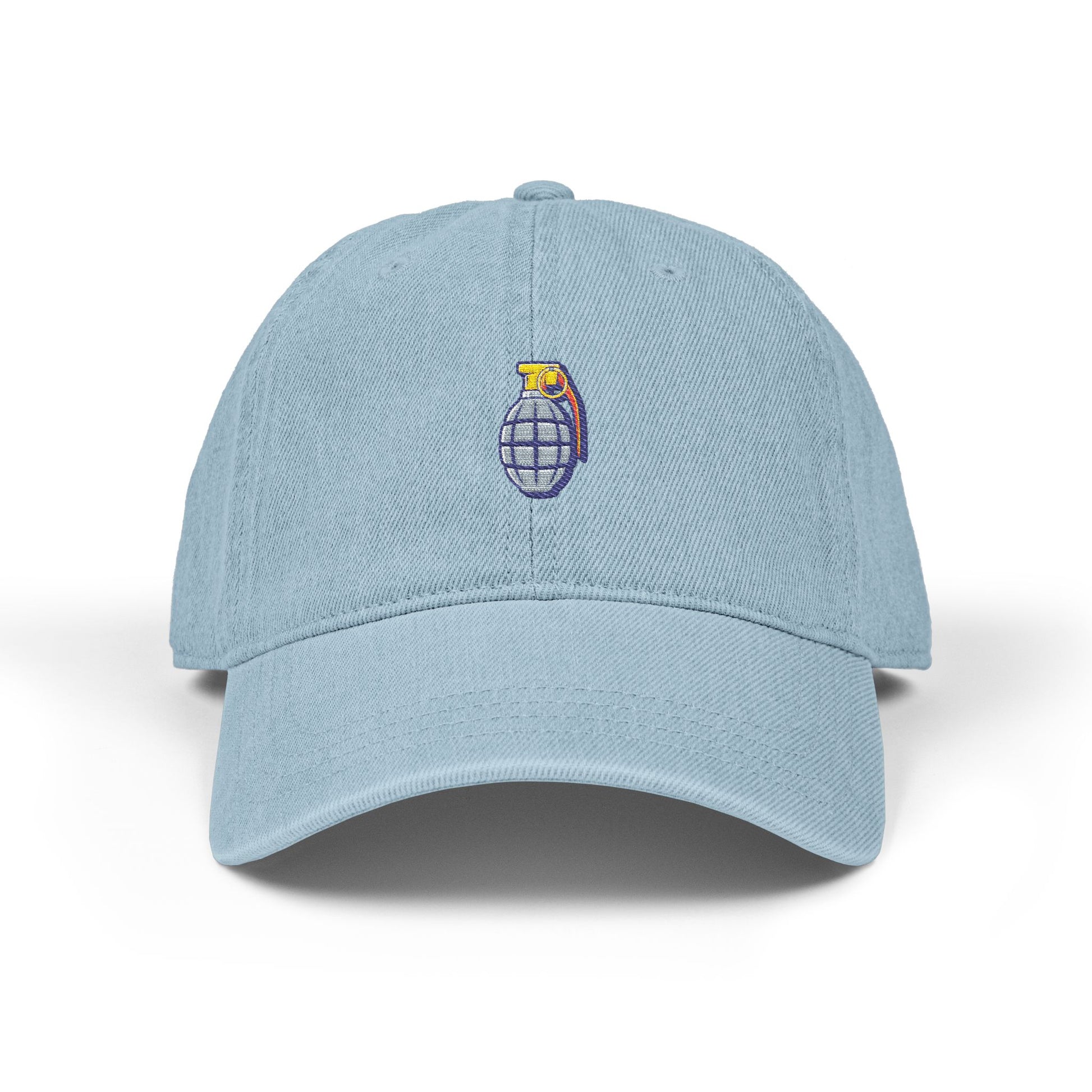Embroidered Grenade Cap – Military-Inspired Black Denim Hat Hats Printify One size Light Blue