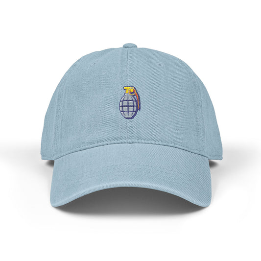 Embroidered Grenade Cap – Military-Inspired Black Denim Hat Hats Printify One size Light Blue