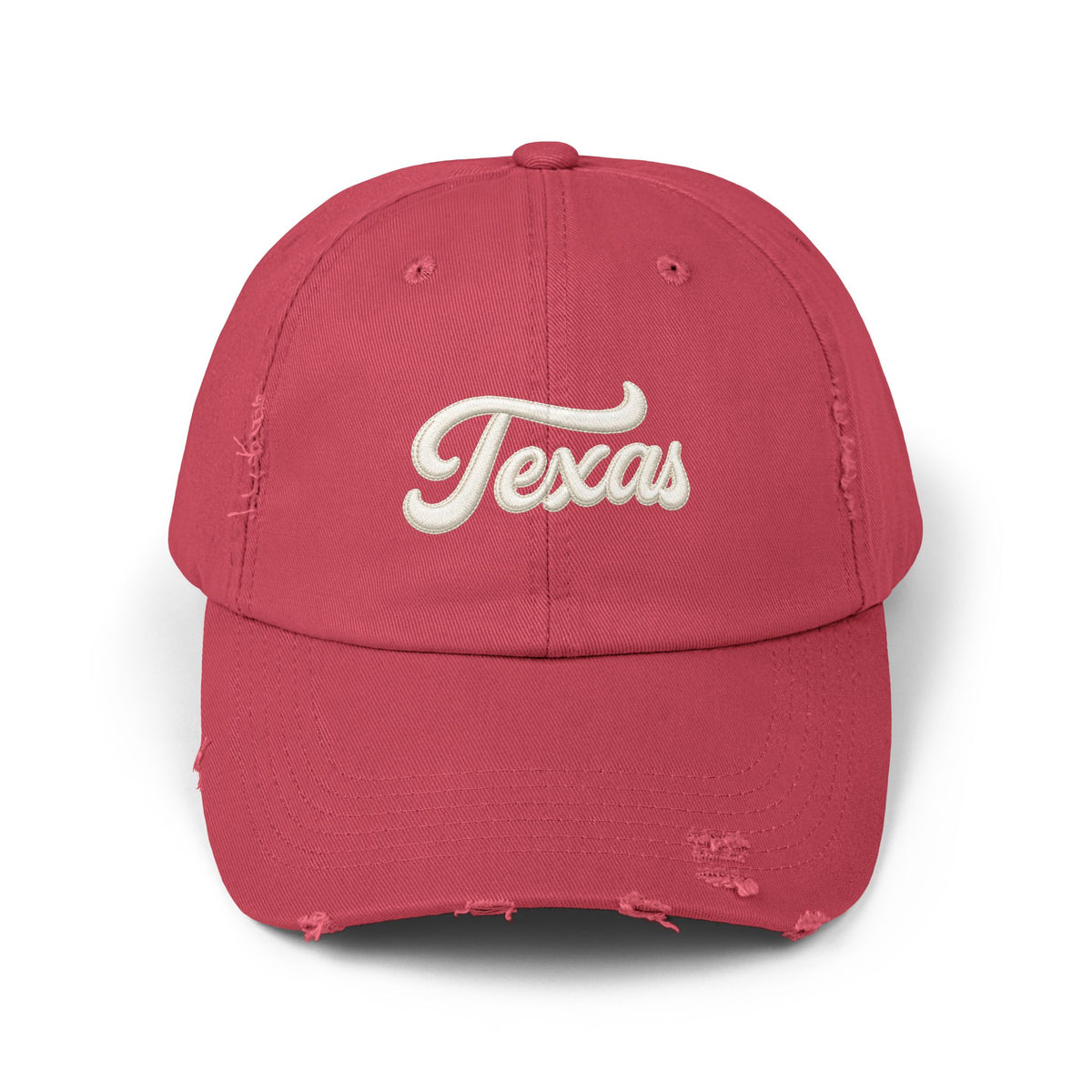 Texas Distressed Baseball Cap — Vintage Script Embroidered Hat Hats Printify Dashing Red One size