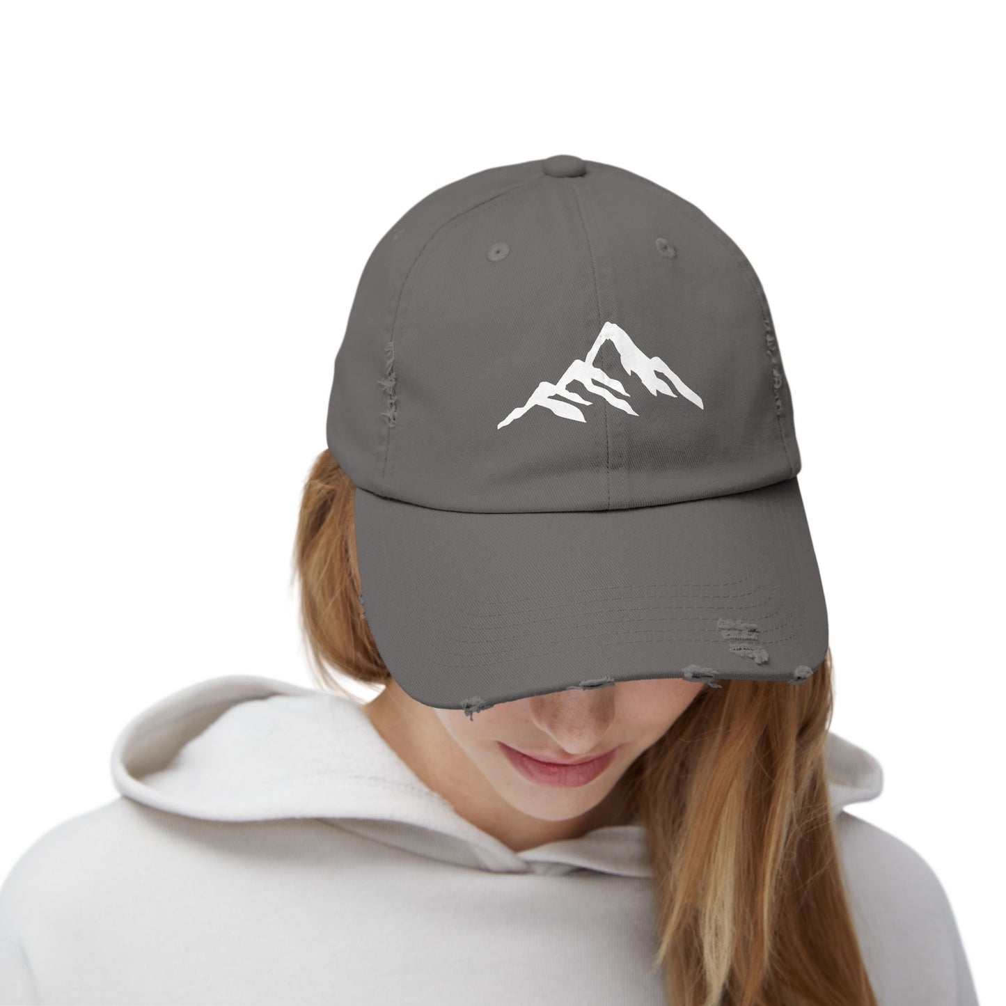 Distressed Mountain Hat — Minimal White Peak Embroidered Cap