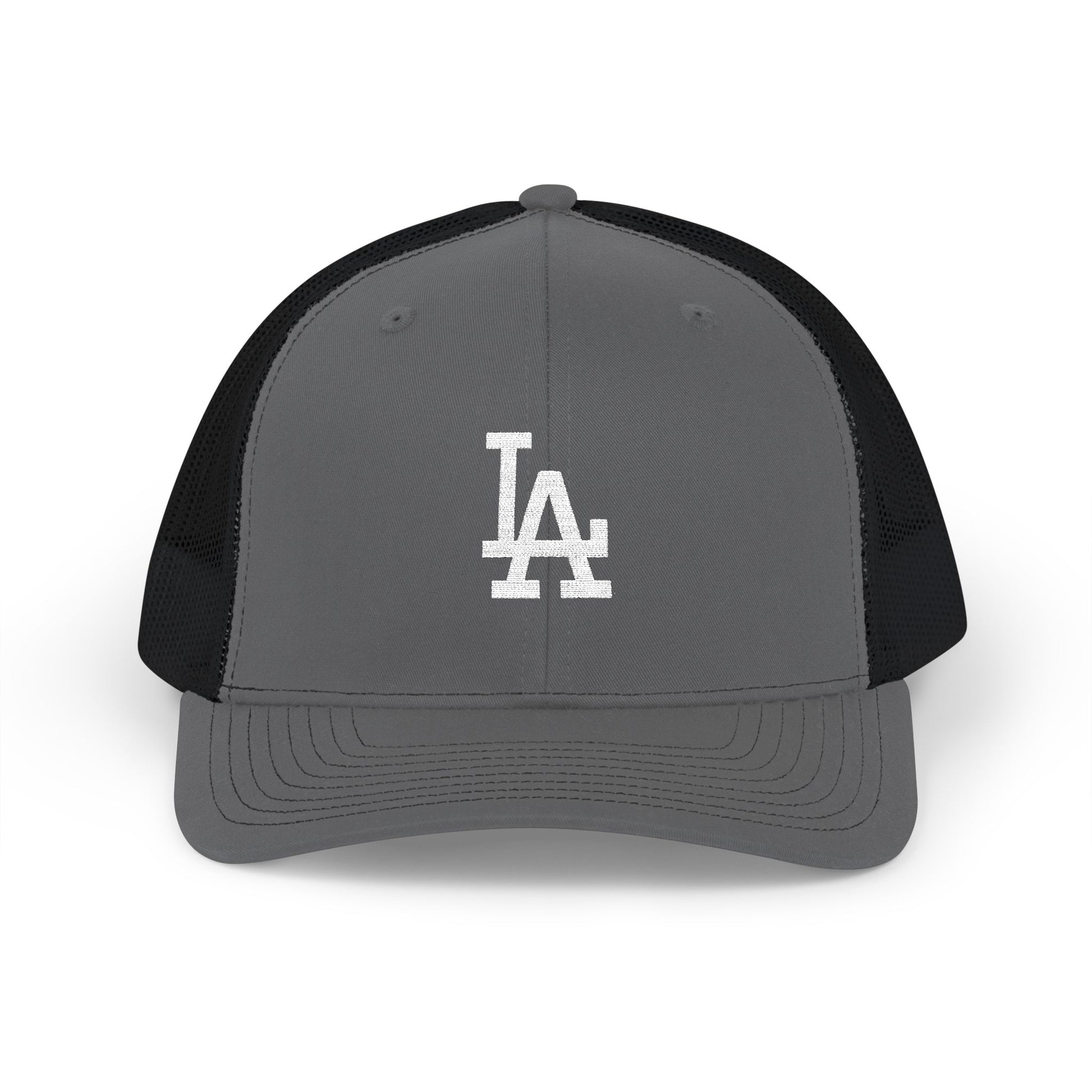 Embroidered LA Logo Snapback Trucker Cap Hats Printify One size Charcoal/Black