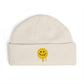 Dripping Smiley Cuff Beanie — Cozy Knit Hat with Yellow Drip Emoji Embroidery Hats Printify One size Ecru
