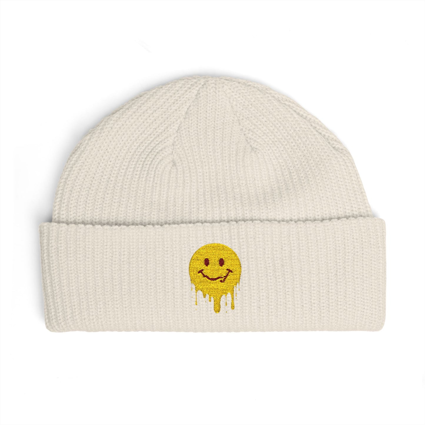 Dripping Smiley Cuff Beanie — Cozy Knit Hat with Yellow Drip Emoji Embroidery Hats Printify One size Ecru