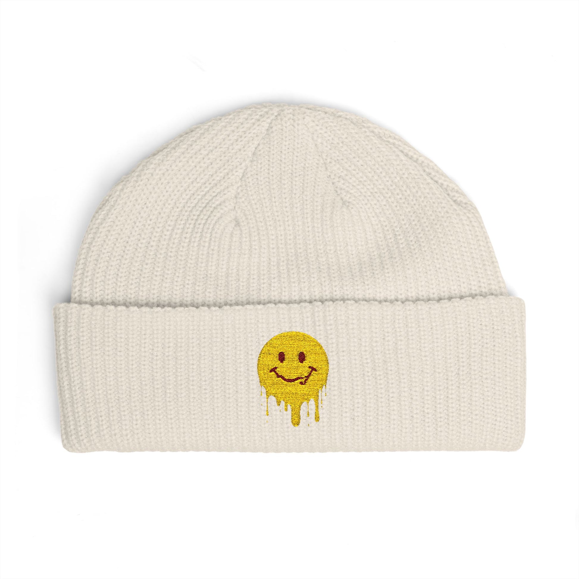 Dripping Smiley Cuff Beanie — Cozy Knit Hat with Yellow Drip Emoji Embroidery Hats Printify One size Ecru