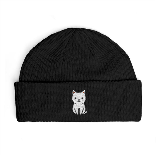 Embroidered Kitten Cuff Beanie Hats Printify One size Black